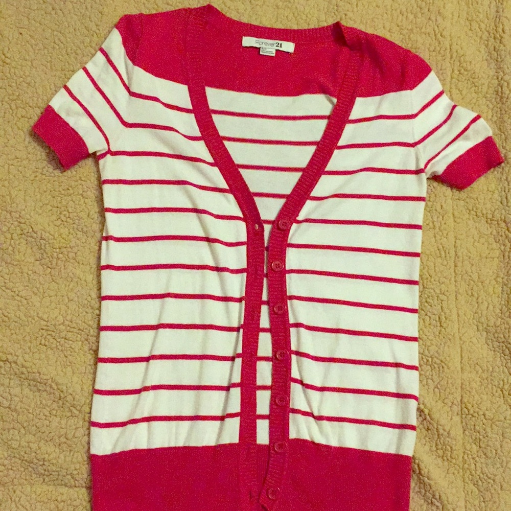 Red & white short sleeve, sweater, button up!